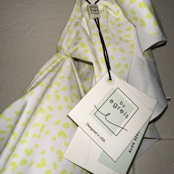 By Egreis yellow spotted off shoulder bikini top ruched bikini bottom L NWT - Picture 4 of 12